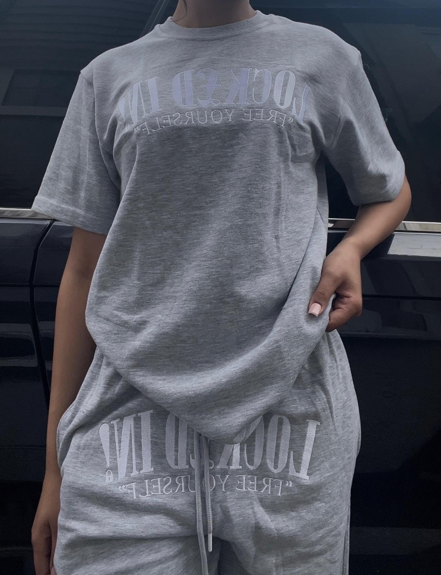 LOCK£D IN! GREY & WHITE T-SHIRT & SHORTS SET