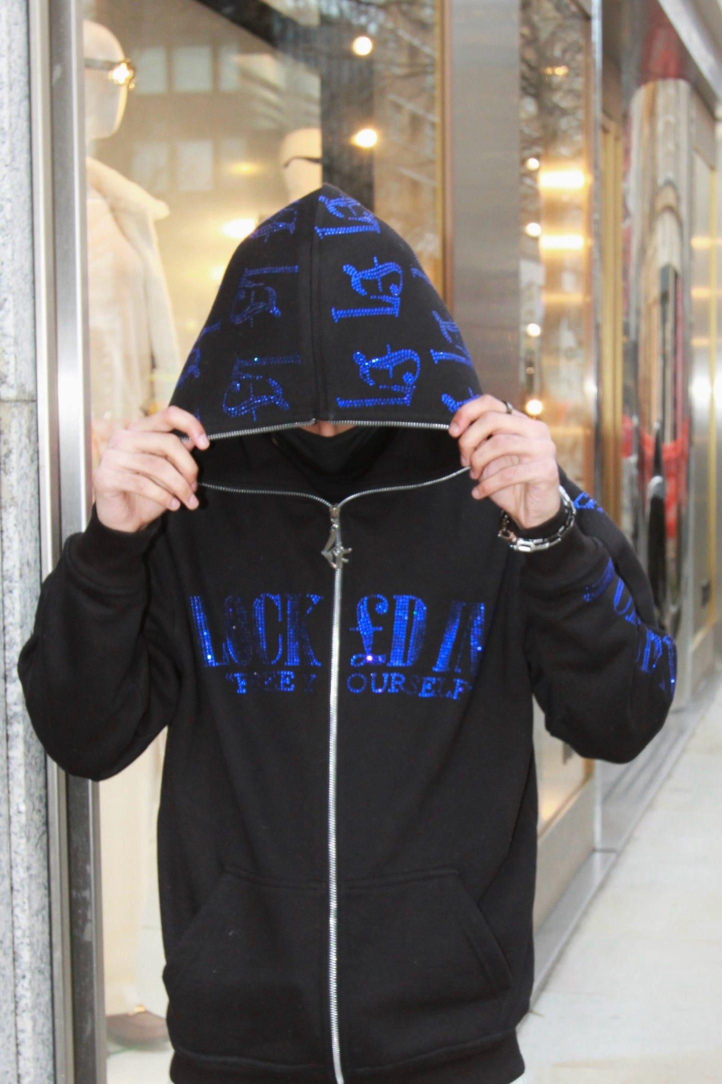 LOCK£D IN! RHINESTONE FULL ZIP - BLACK/ROYAL BLUE