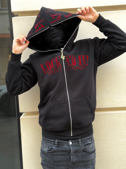 LOCK£D IN! RHINESTONE FULL ZIP - BLACK/RED