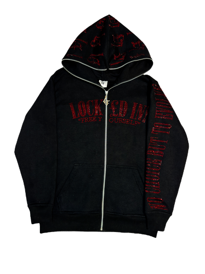 LOCK£D IN! RHINESTONE FULL ZIP - BLACK/RED