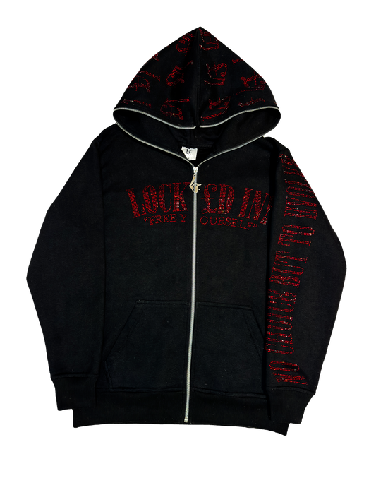 LOCK£D IN! RHINESTONE FULL ZIP - BLACK/RED