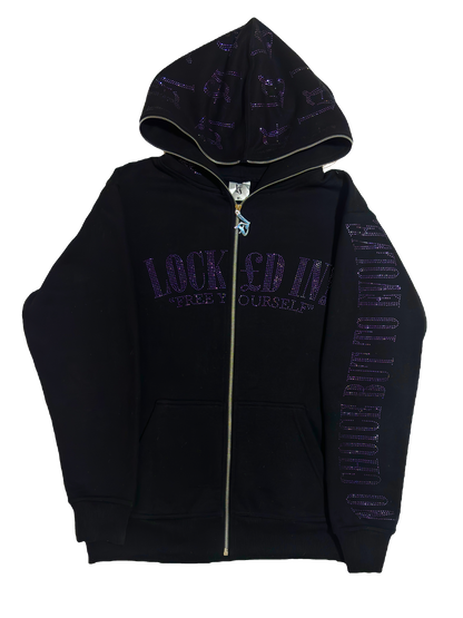 BLACK & PURPLE RHINESTONE FULL ZIP HOODIE