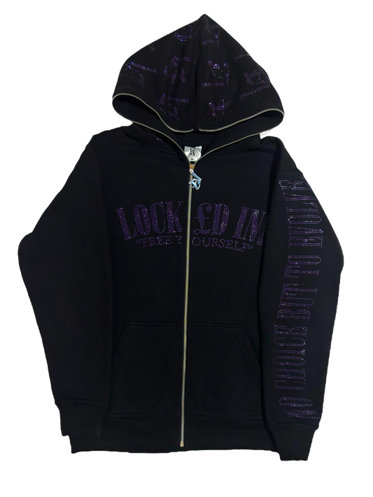 BLACK & PURPLE RHINESTONE FULL ZIP HOODIE