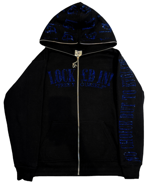 LOCK£D IN! RHINESTONE FULL ZIP - BLACK/ROYAL BLUE